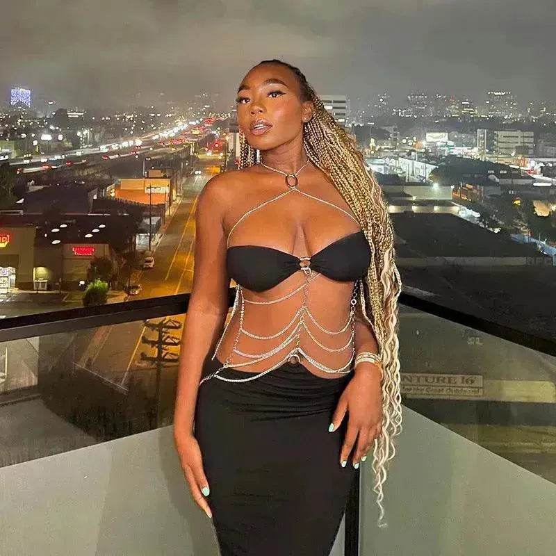 Charming Fashion Personality Halter Neck Wrap Chest Cutout Party Long Black Dress for Women - EX-STOCK Canada