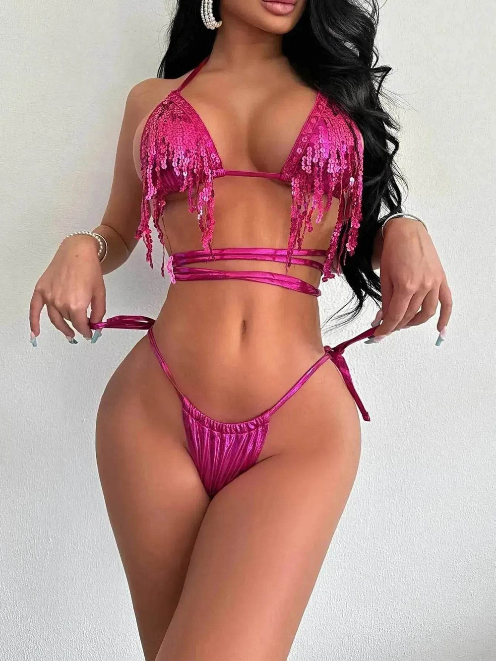 Charming Fashion Swimsuit Female Red Paillette Tassel Bikini - EX-STOCK Canada