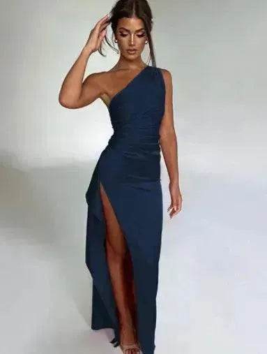 Charming One-shoulder Backless Split Dress Summer Elegant Slim-fit Solid Color Satin Dresses For Women - EX-STOCK Canada