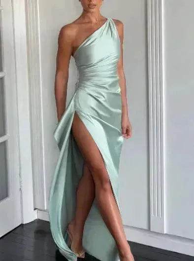 Charming One-shoulder Backless Split Dress Summer Elegant Slim-fit Solid Color Satin Dresses For Women - EX-STOCK Canada