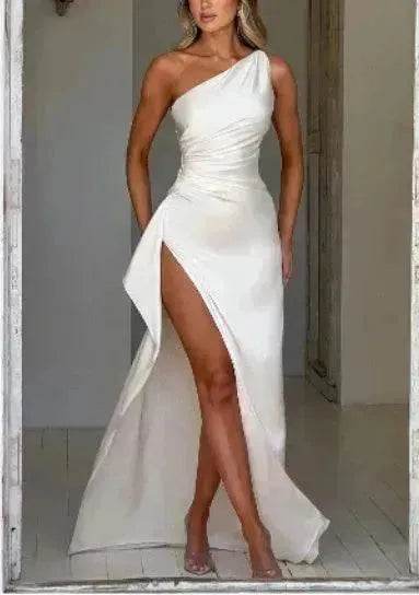 Charming One-shoulder Backless Split Dress Summer Elegant Slim-fit Solid Color Satin Dresses For Women - EX-STOCK Canada