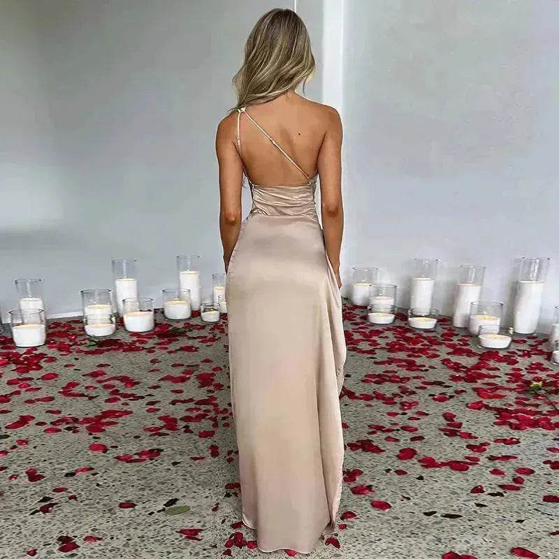 Charming One-shoulder Backless Split Dress Summer Elegant Slim-fit Solid Color Satin Dresses For Women - EX-STOCK Canada