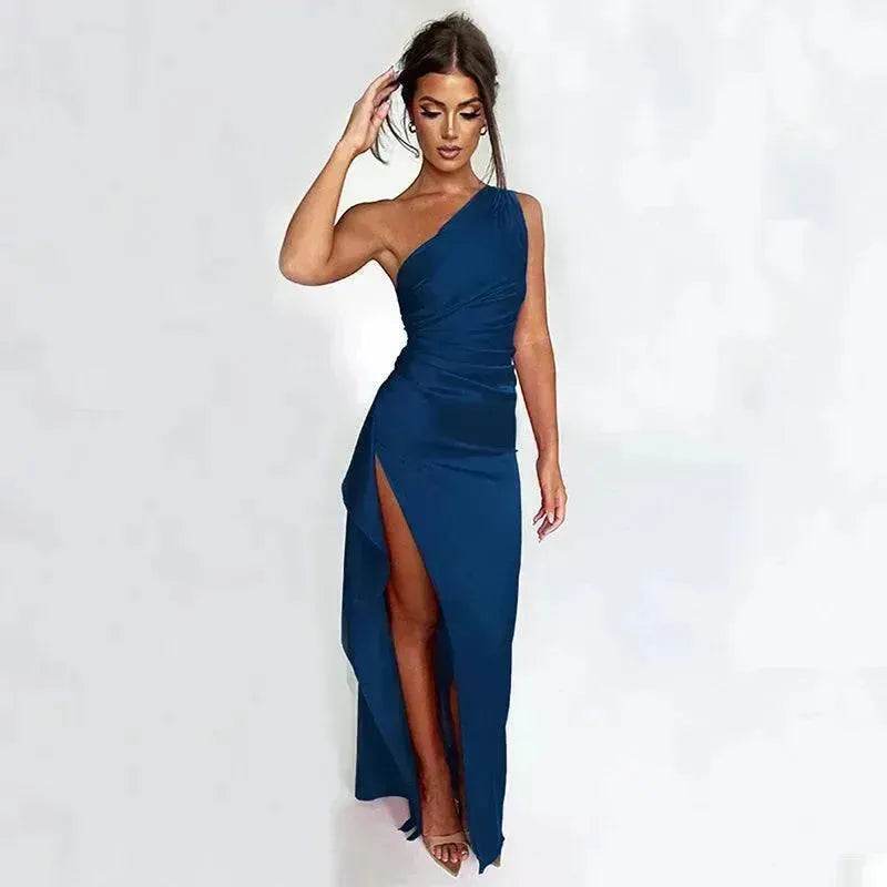 Charming One-shoulder Backless Split Dress Summer Elegant Slim-fit Solid Color Satin Dresses For Women - EX-STOCK Canada