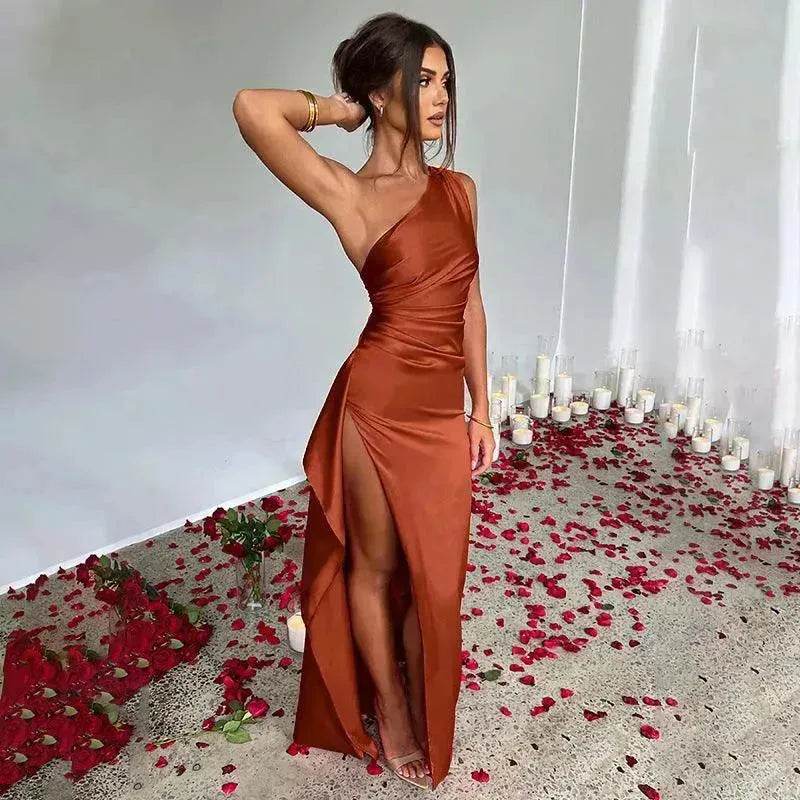 Charming One-shoulder Backless Split Dress Summer Elegant Slim-fit Solid Color Satin Dresses For Women - EX-STOCK Canada