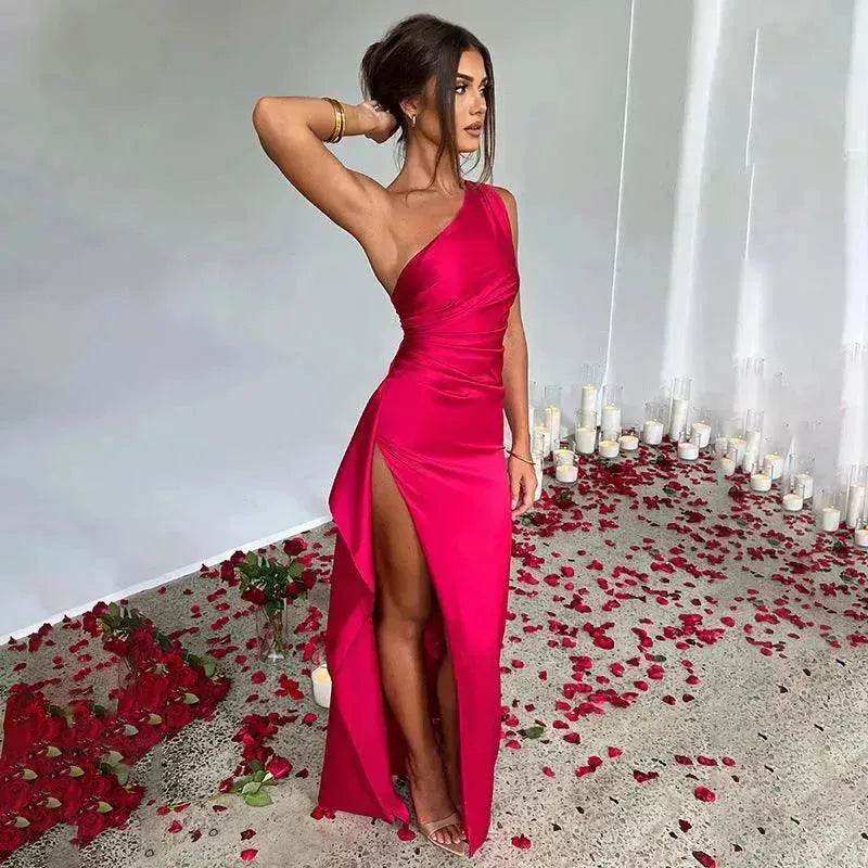 Charming One-shoulder Backless Split Dress Summer Elegant Slim-fit Solid Color Satin Dresses For Women - EX-STOCK Canada