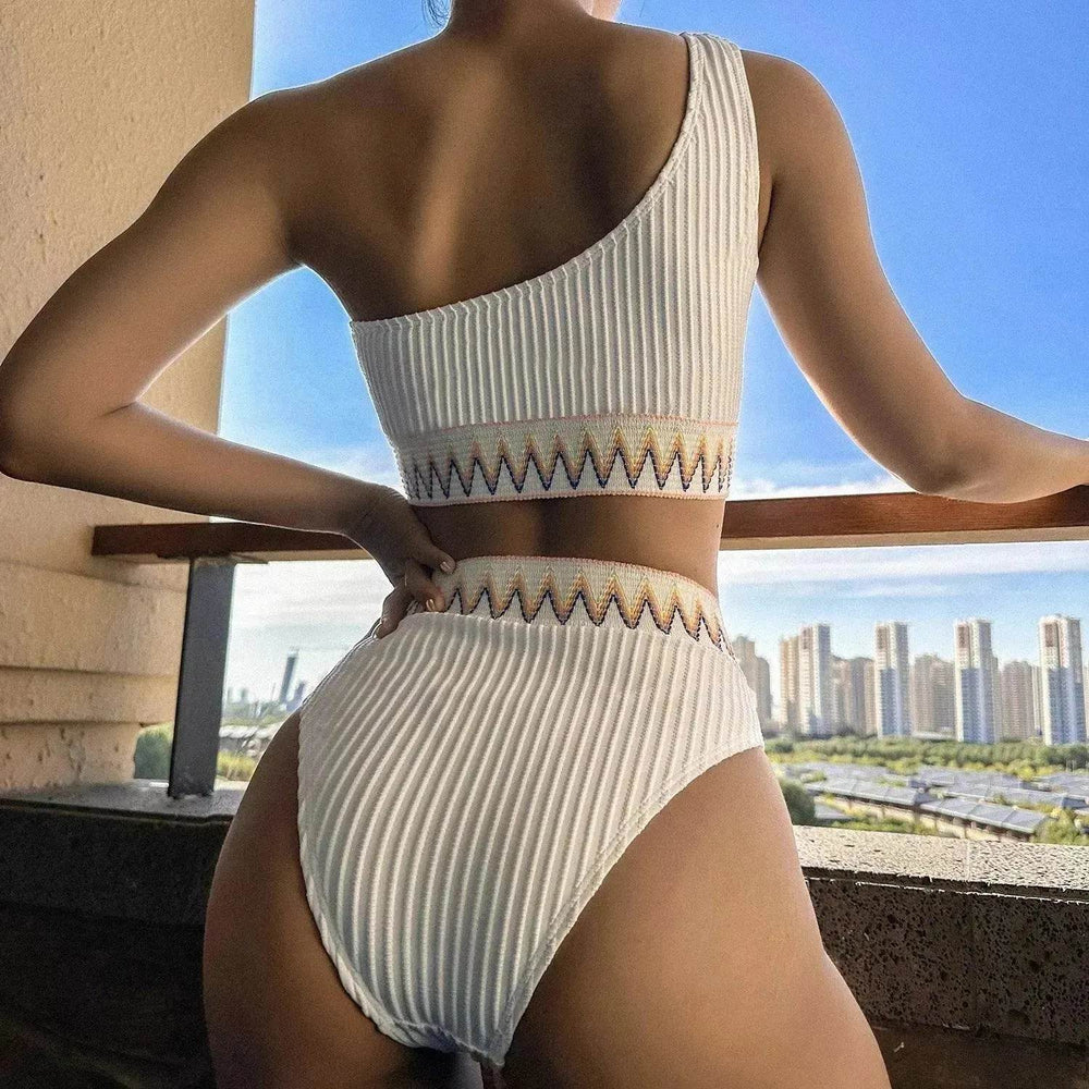 Charming One-shoulder Bikini With Striped Pleated And Ripple Print Design Solid Color Summer Beach Swimsuit Womens Clothing - EX-STOCK Canada
