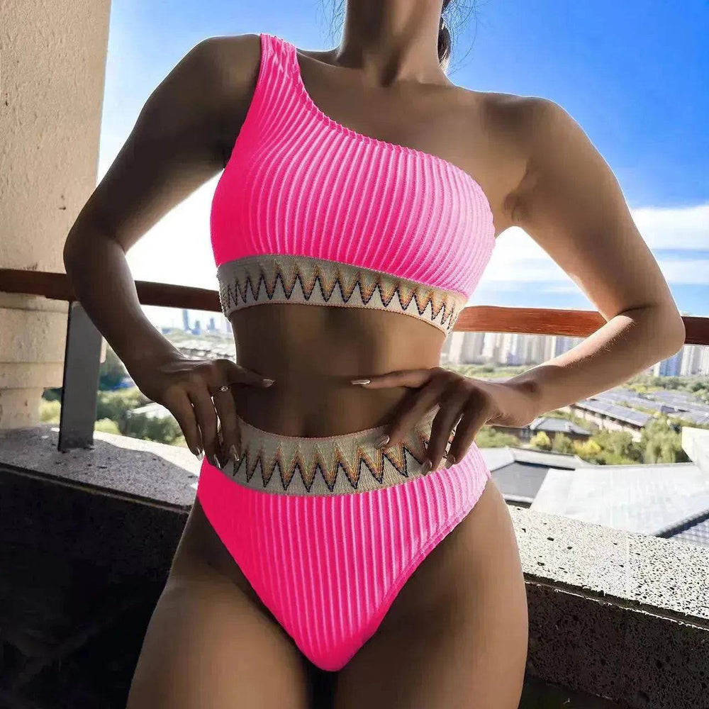 Charming One-shoulder Bikini With Striped Pleated And Ripple Print Design Solid Color Summer Beach Swimsuit Womens Clothing - EX-STOCK Canada