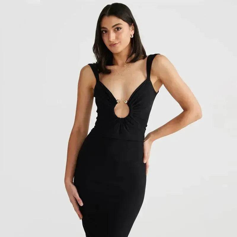 Charming V-neck Backless Slit Slim Fit Summer Dress - EX-STOCK Canada