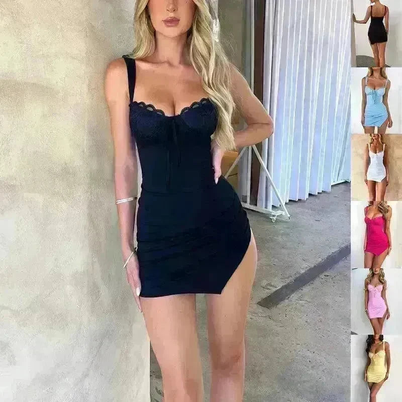 Sexy V-neck Suspender Dress Summer Lace Slim Slit Skirt Womens Clothing - EX-STOCK CANADA