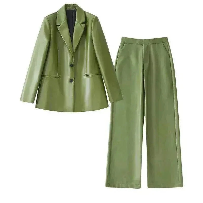 Single Breasted Casual Imitation Leather Suit Jacket Trousers Suit Women - EX-STOCK CANADA