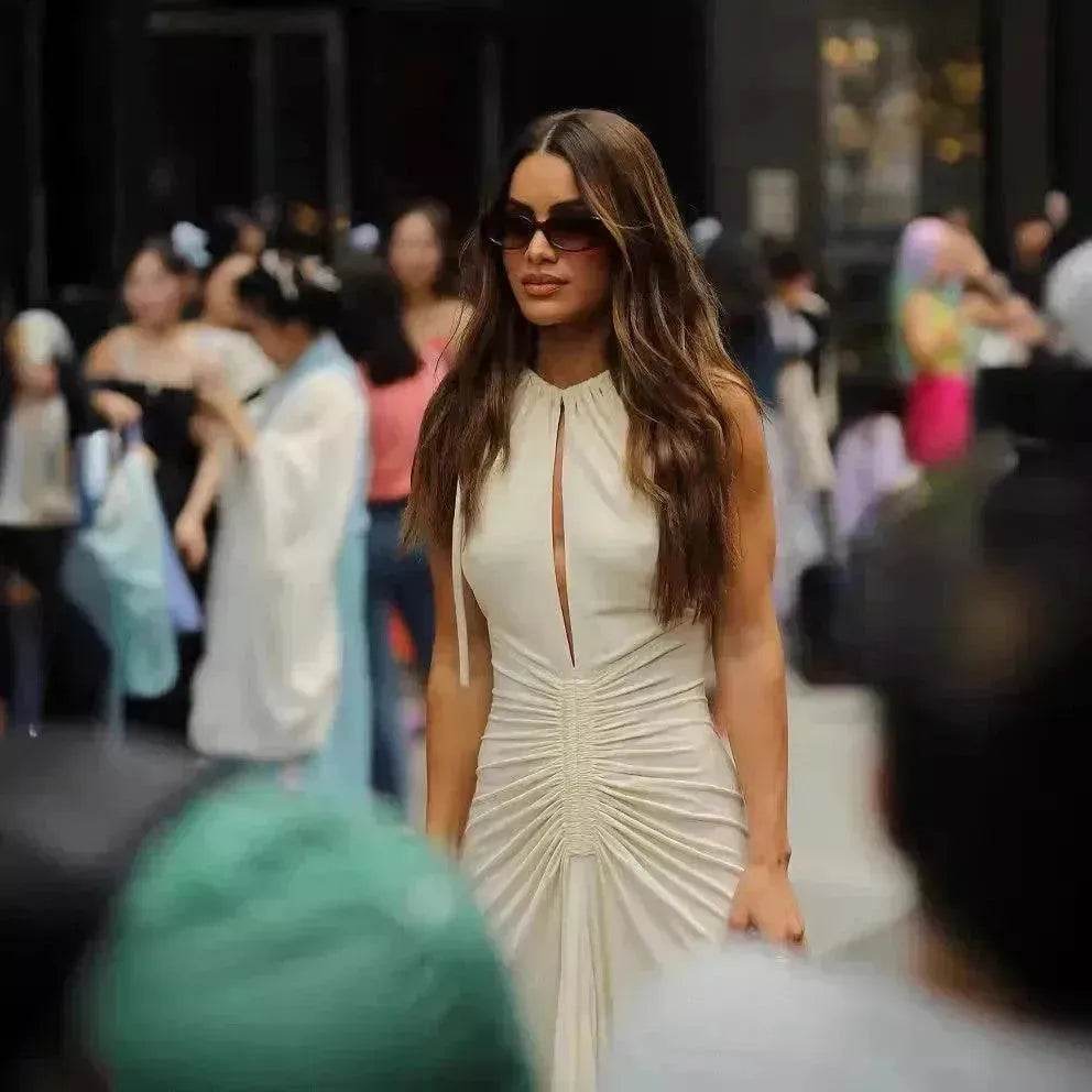 Sleeveless Round Neck Lace-up Pleated Swing Long Summer Dress - EX-STOCK Canada