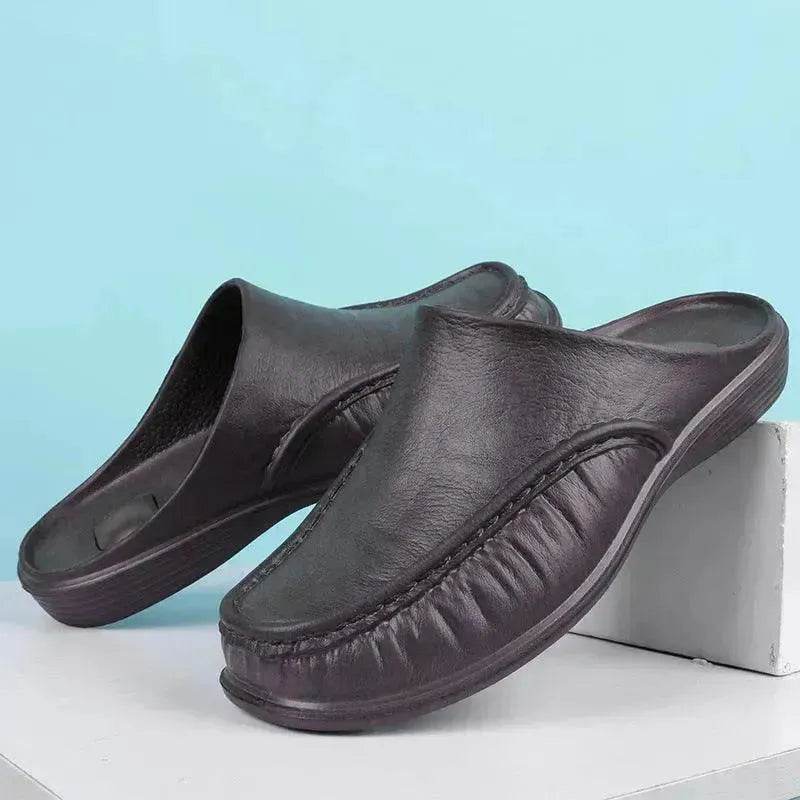 Slippers Men's Summer Leather Word Casual Tide Sandals Men's Non-slip Leather New Sandals Outer Wear Large Size Beach Shoes - EX-STOCK Canada