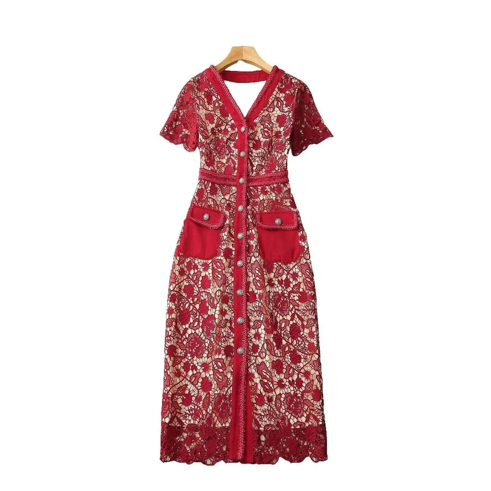 Small V-neck Metal Single-breasted Water Soluble Slim Fit Dress - EX-STOCK Canada