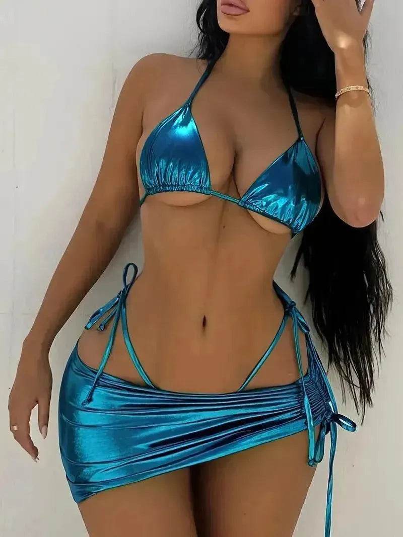 Solid Color Bronzing Glossy Charming Lacing Swimsuit - EX-STOCK Canada