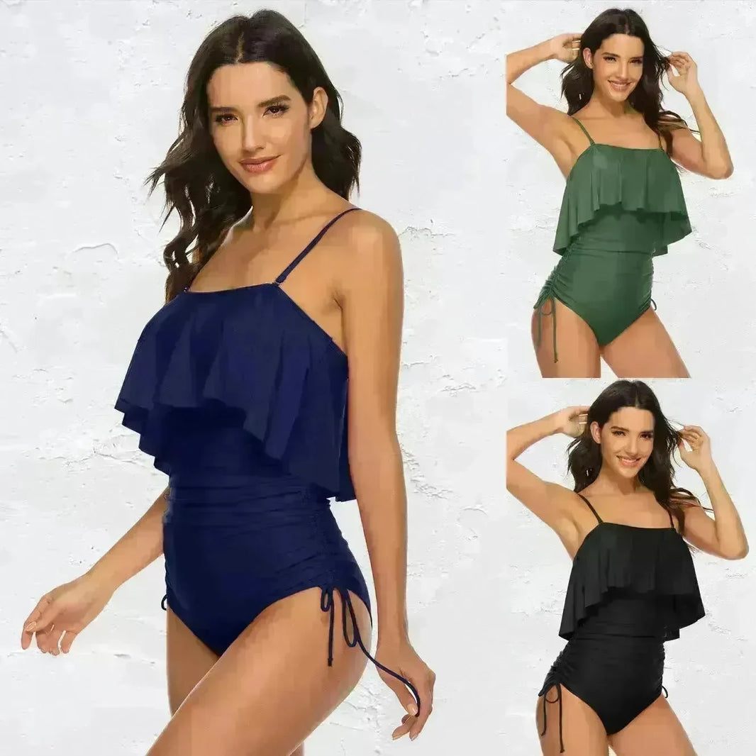 Solid Color Girl Sexy Shoulder Strap Big Ruffled One-piece Type Triangle Swimsuit - EX-STOCK CANADA