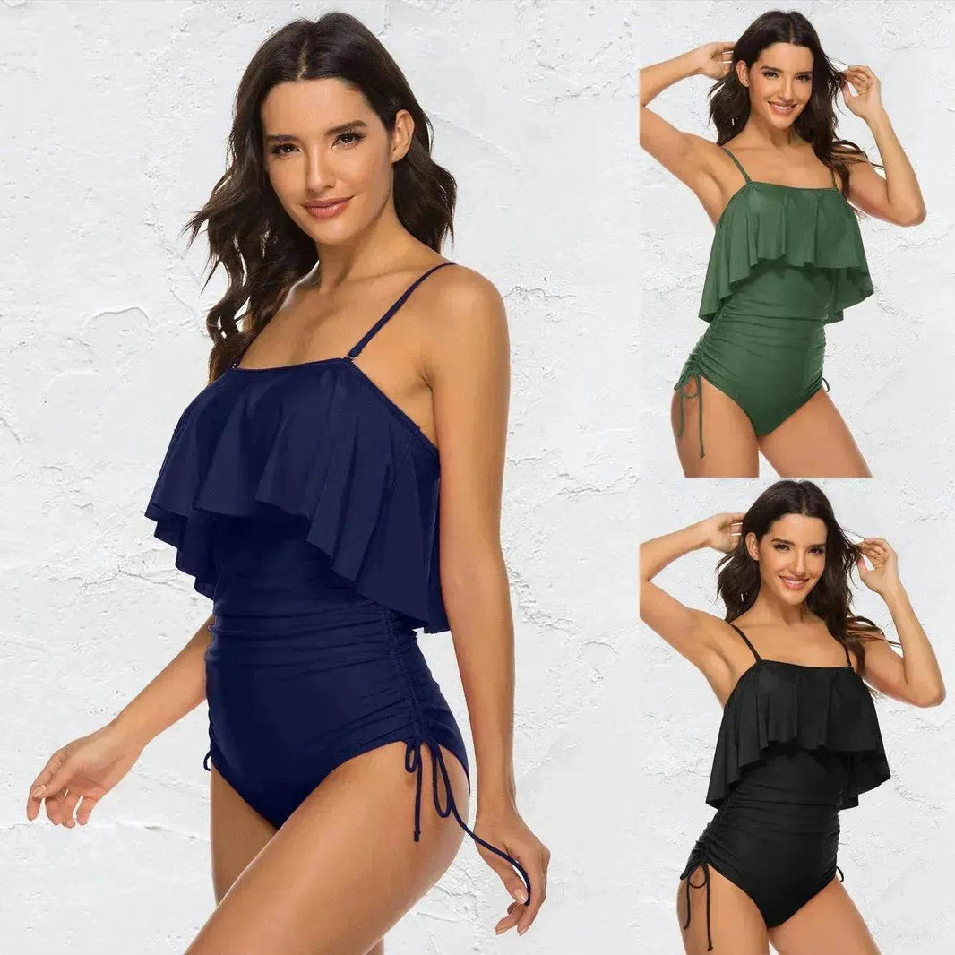 Solid Color Girl Charming Shoulder Strap Big Ruffled One-piece Type Triangle Swimsuit - EX-STOCK Canada