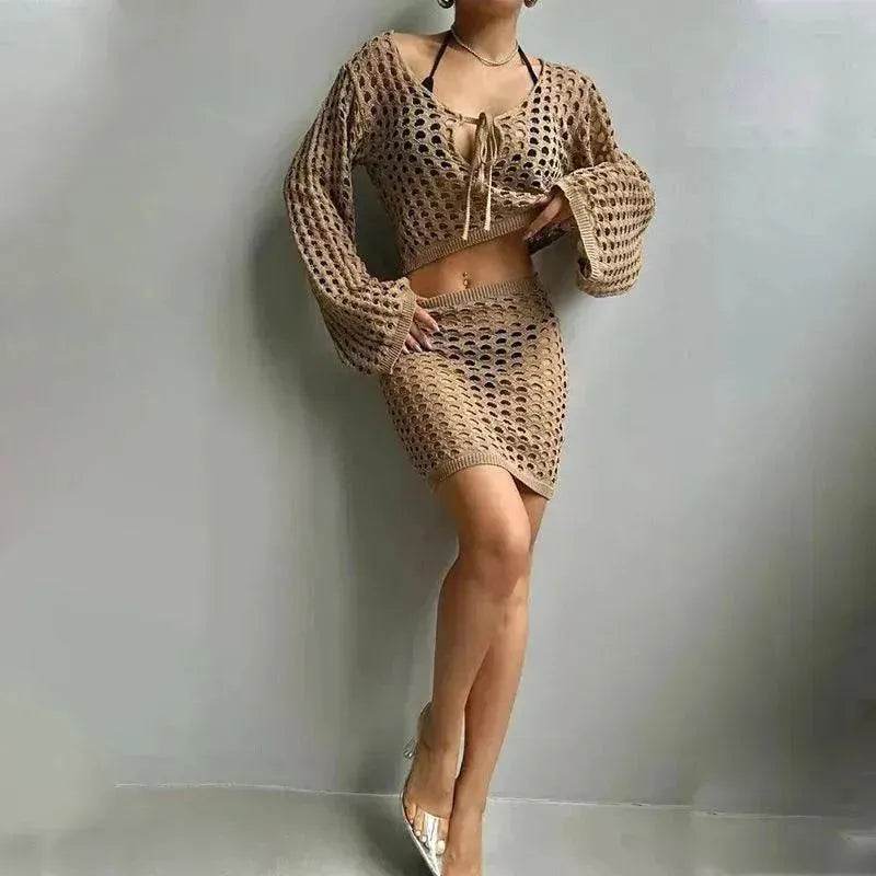Solid Color Knitted Stand-up Collar Bikini Swimsuit Blouse Suit - EX-STOCK Canada