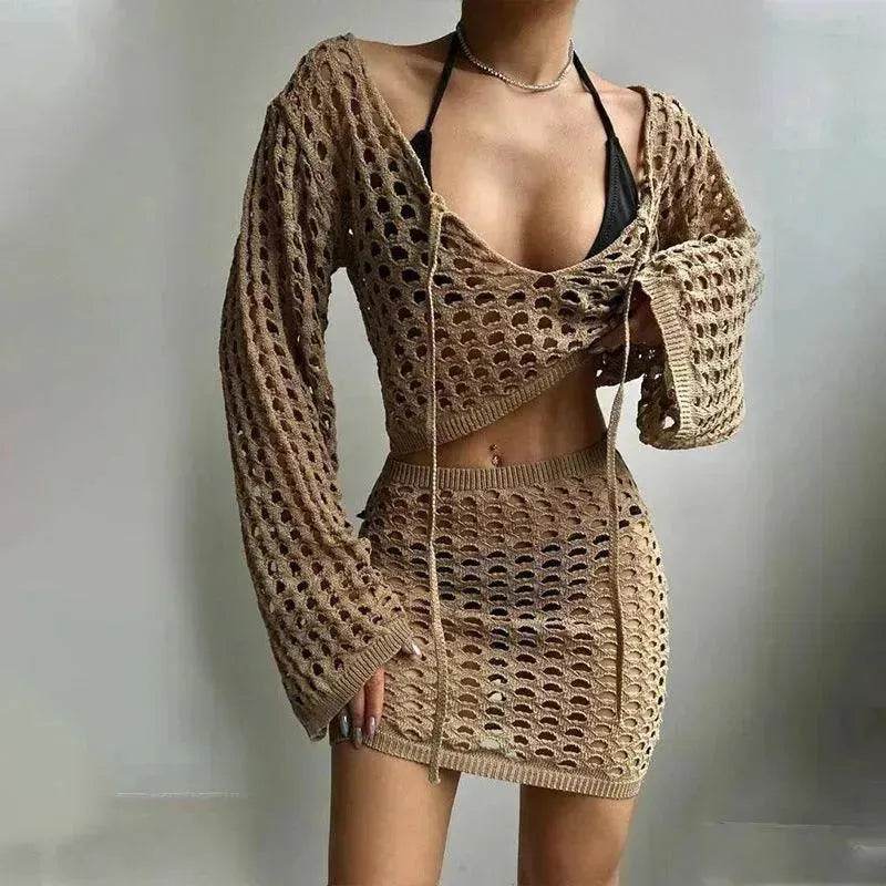 Solid Color Knitted Stand-up Collar Bikini Swimsuit Blouse Suit - EX-STOCK Canada