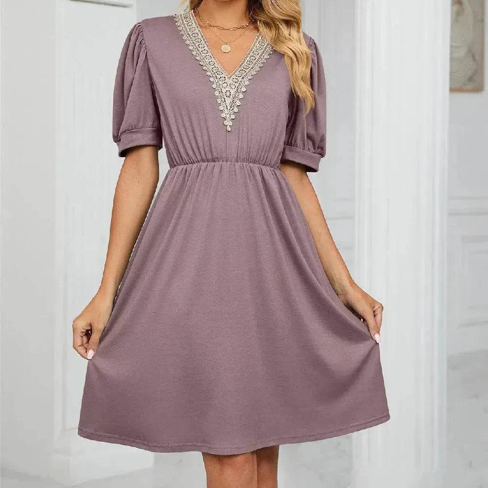 Solid Color Lace V-neck Patchwork Short Sleeve Pocket Waist Dress - EX-STOCK Canada