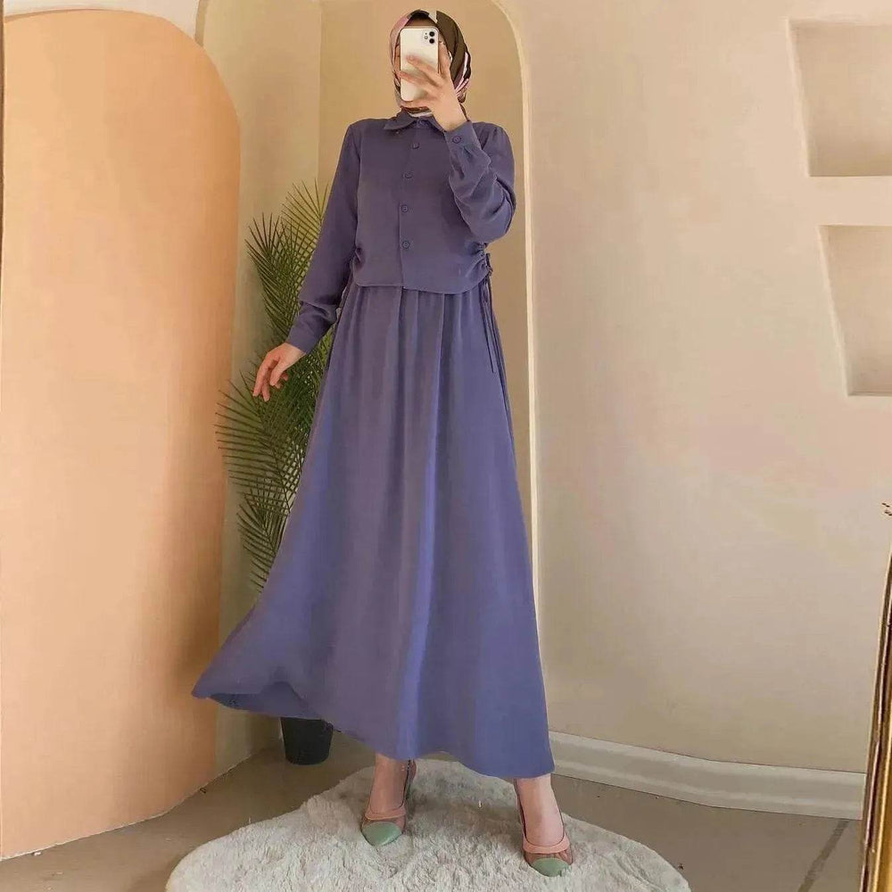 Solid Color Long Sleeve Skirt Suit for Elegant Arab Dubai Turkey Middle Eastern Women Abaya Dress - EX-STOCK Canada