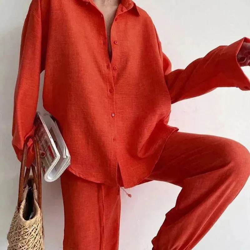 Women's 2 Piece Outfits Set Linen Button down shirt Blouse and straight Leg Pants Set - EX-STOCK Canada