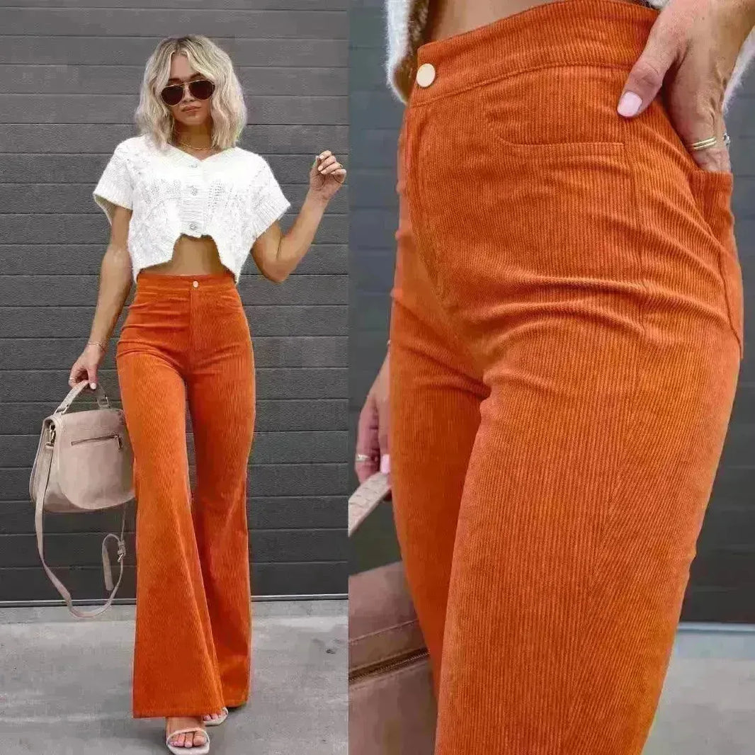 Solid Color Mid-waist Slim-fit Micro Flared Pants Corduroy - EX-STOCK CANADA