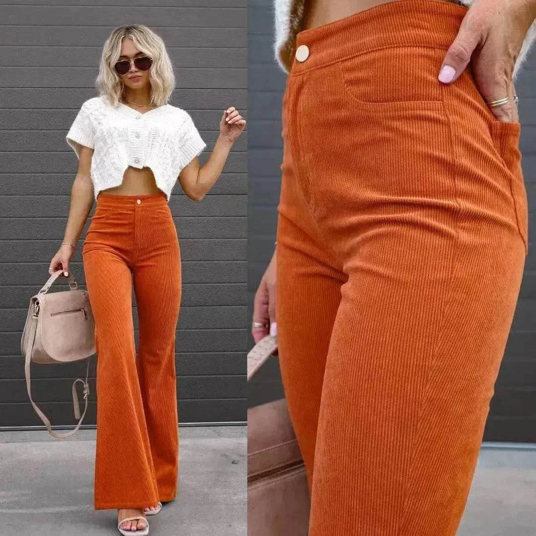Solid Color Mid-waist Slim-fit Micro Flared Pants Corduroy - EX-STOCK Canada