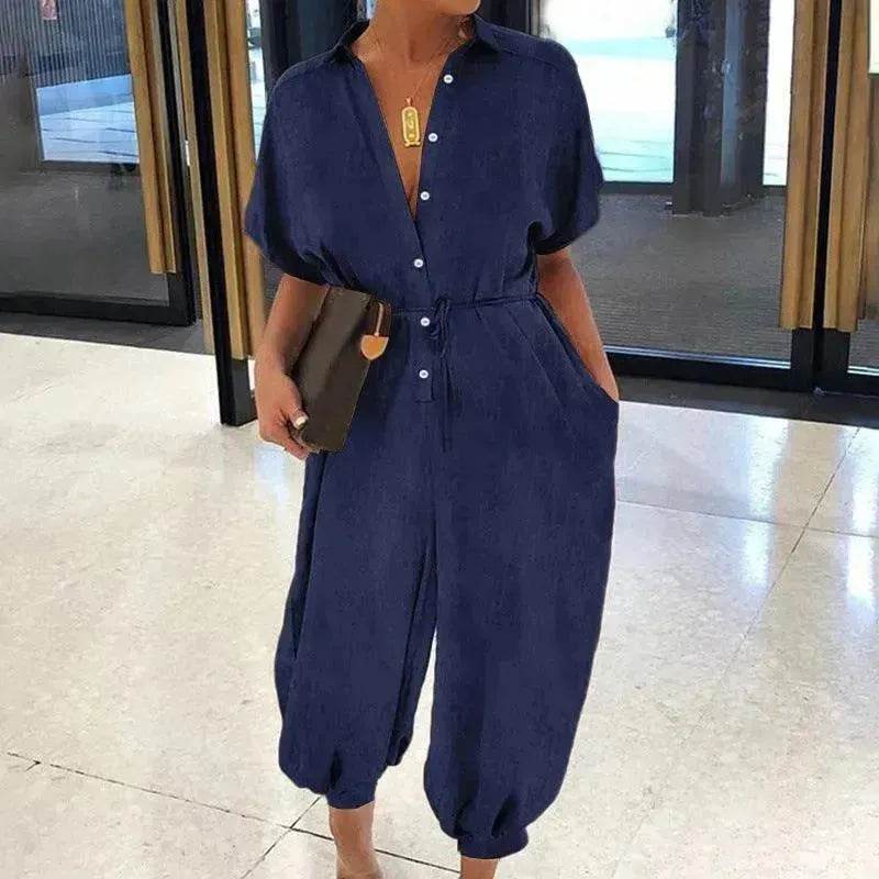 Solid Color Plus Size Casual Short Sleeve Denim Jumpsuit - EX-STOCK Canada