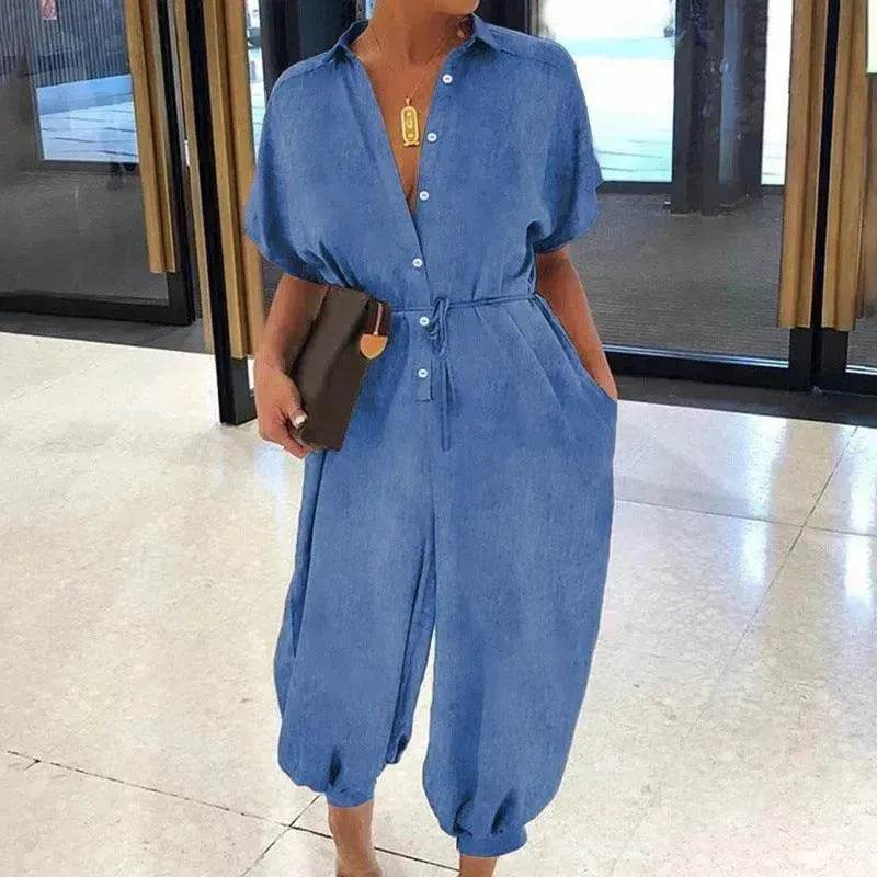 Solid Color Plus Size Casual Short Sleeve Denim Jumpsuit - EX-STOCK Canada