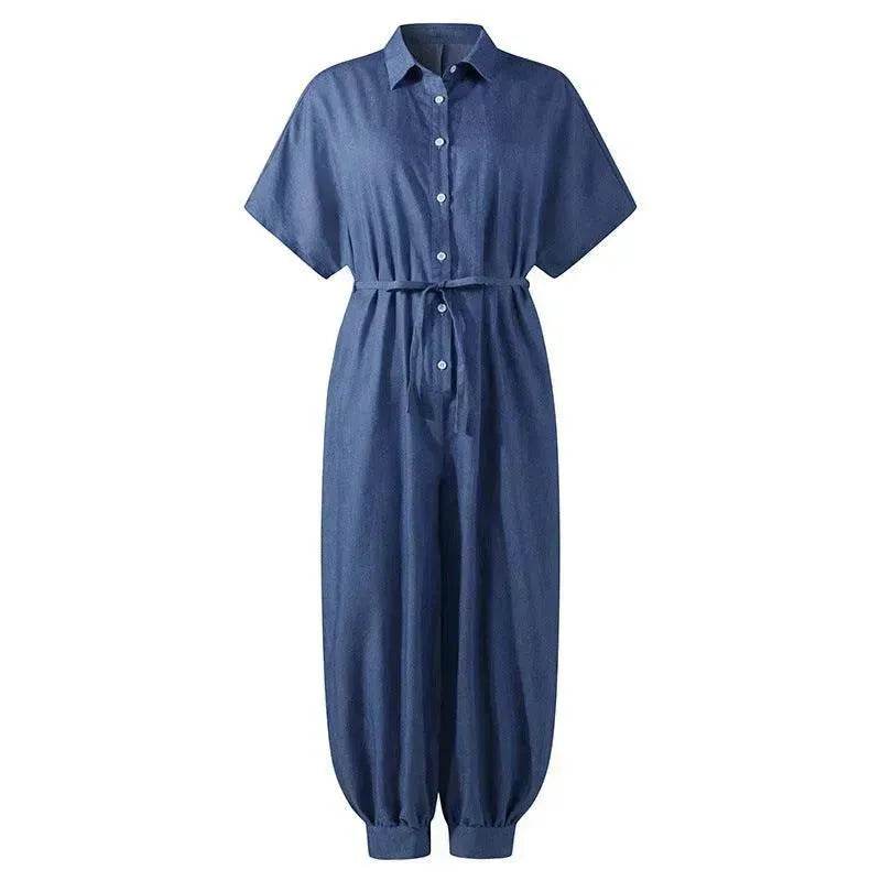 Solid Color Plus Size Casual Short Sleeve Denim Jumpsuit - EX-STOCK Canada