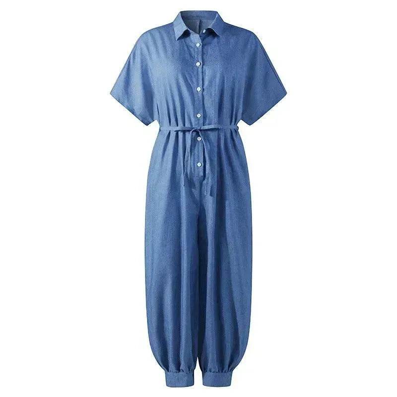Solid Color Plus Size Casual Short Sleeve Denim Jumpsuit - EX-STOCK Canada