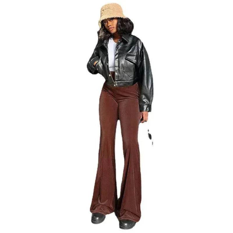 Solid Color Velvet Elastic High Waist Slimming Casual Bootcut Trousers Women - EX-STOCK Canada