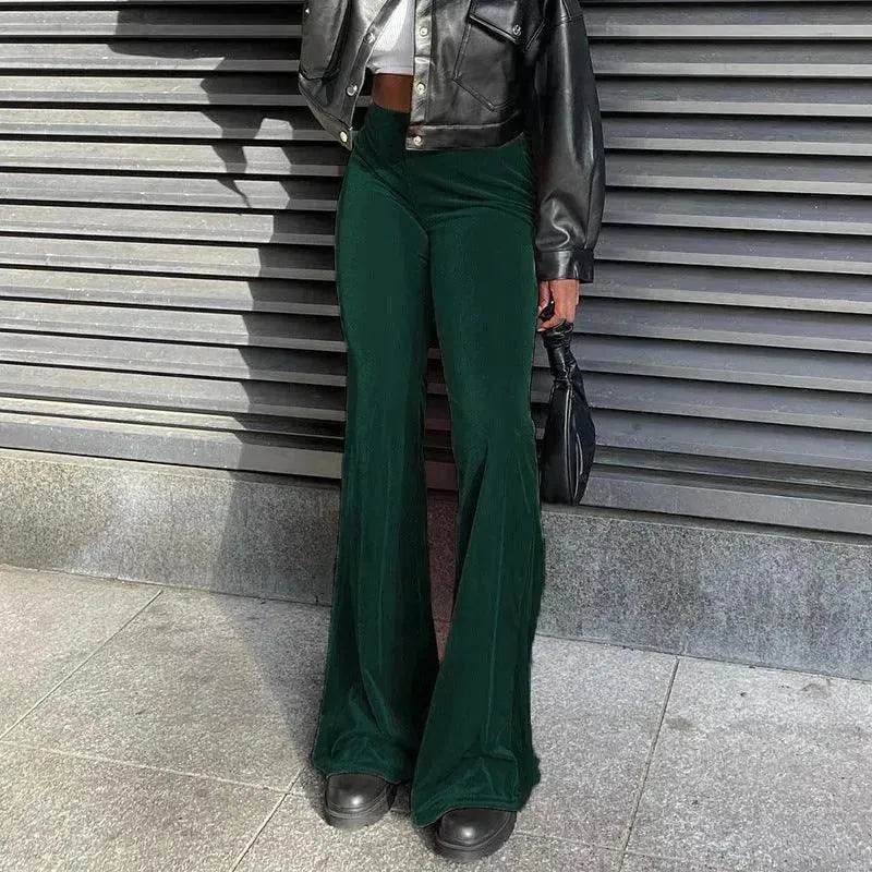 Solid Color Velvet Elastic High Waist Slimming Casual Bootcut Trousers Women - EX-STOCK Canada