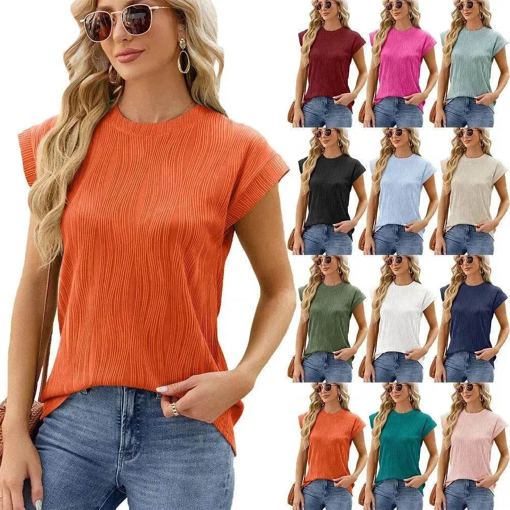Solid Color Wave Pattern Bat Short sleeve blouse Top Summer Loose Vest Casual Cotton Women - EX-STOCK Canada