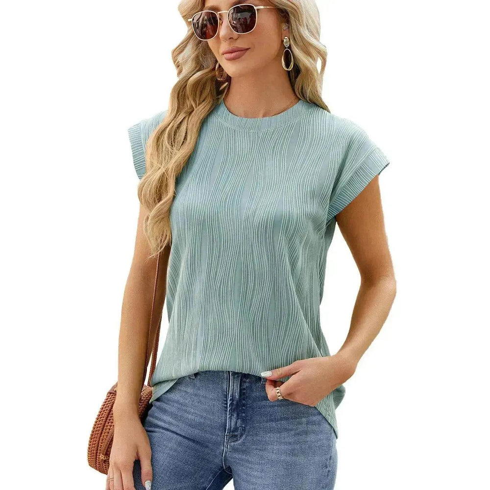 Solid Color Wave Pattern Bat Short sleeve blouse Top Summer Loose Vest Casual Cotton Women - EX-STOCK Canada