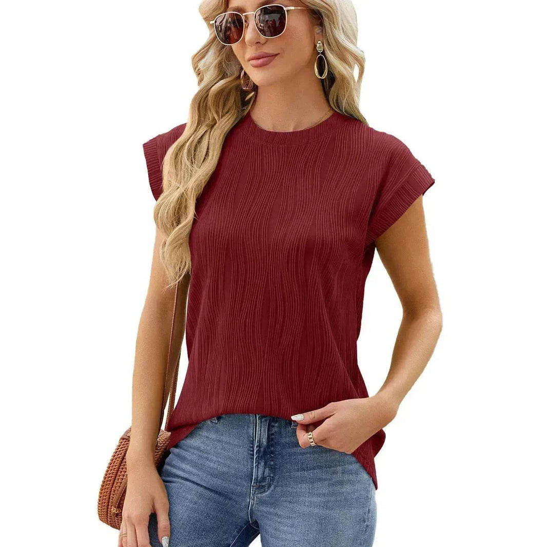 Solid Color Wave Pattern Bat Short sleeve blouse Top Summer Loose Vest Casual Cotton Women - EX-STOCK Canada
