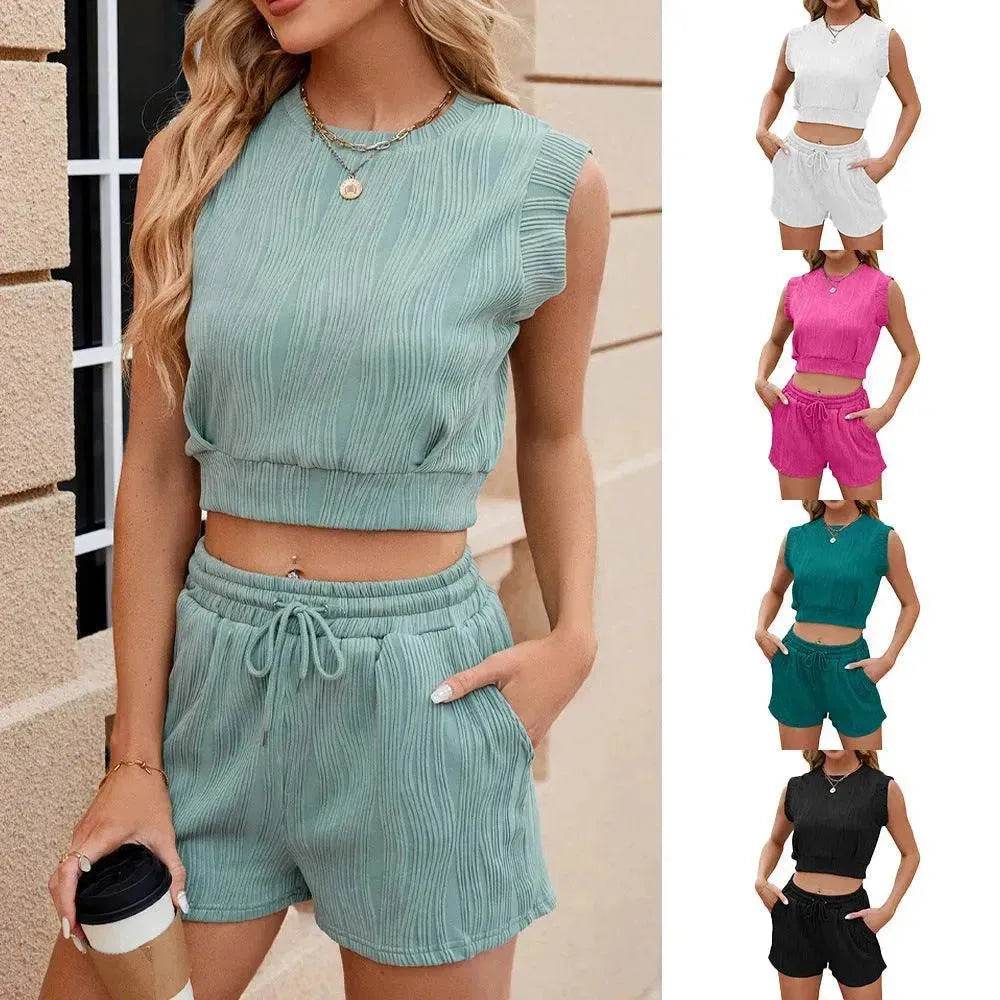 Solid Color Wave Pattern Design Suit For Women Casual Round Neck Sleeveless Top And Drawstring Design Shorts Fashion 2-piece Set Summer Clothing - EX-STOCK Canada