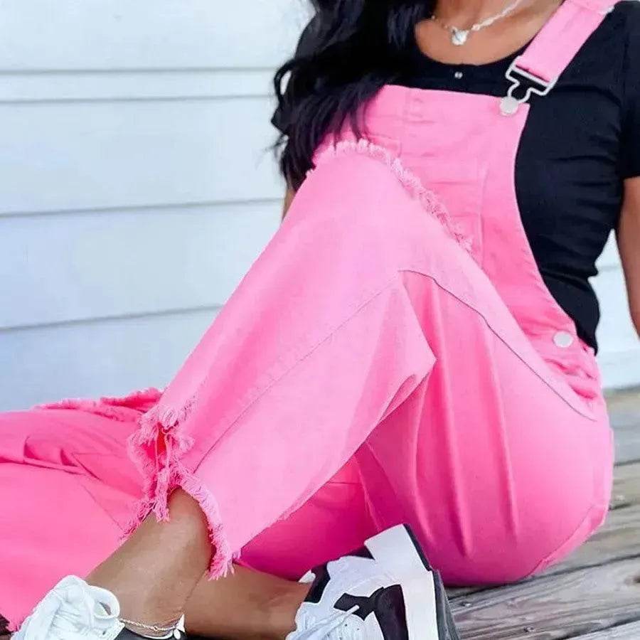 Solid pink Wide Leg Denim Suspender Pants Women Street Ripped Jumpsuit - EX-STOCK Canada