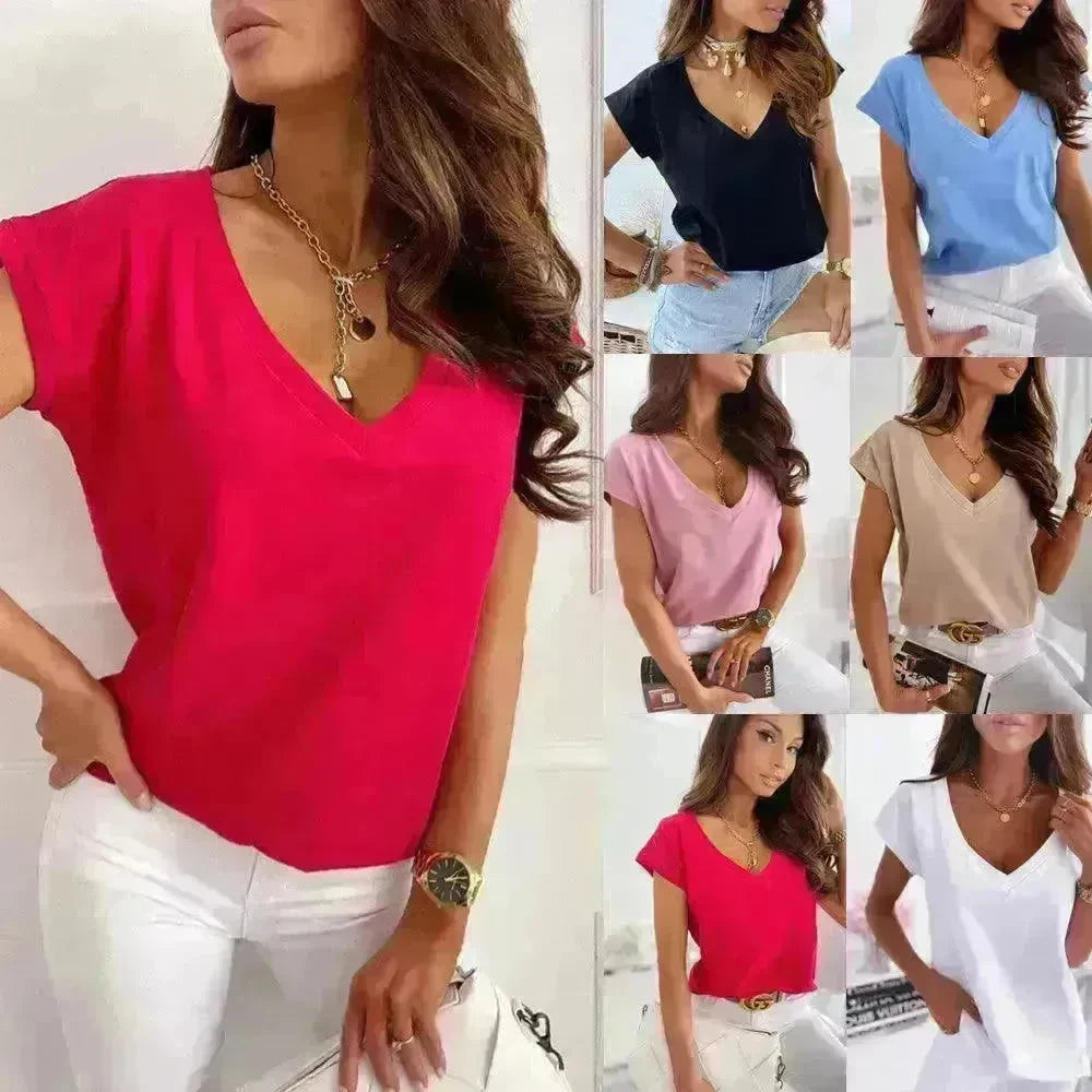 Spring And Summer Solid Color Short-sleeved V-neck Simplicity T-shirt Top For Women - EX-STOCK CANADA