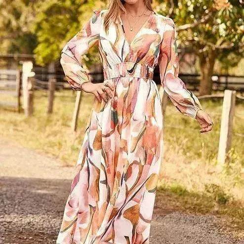 Spring NEW Long Casual Long Sleeve V-neck Printed Beach Long Flowy Dress - EX-STOCK Canada