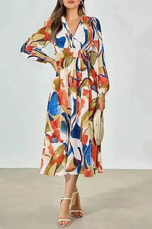 Spring NEW Long Casual Long Sleeve V-neck Printed Beach Long Flowy Dress - EX-STOCK Canada