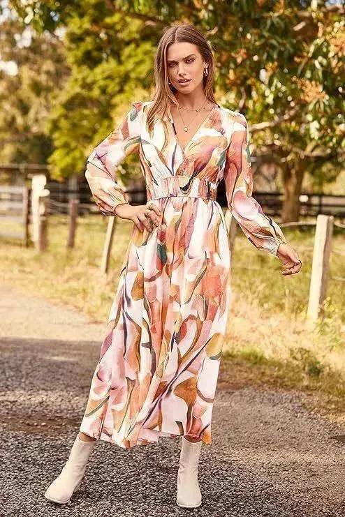 Spring NEW Long Casual Long Sleeve V-neck Printed Beach Long Flowy Dress - EX-STOCK Canada