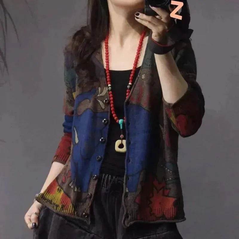 Spring Printed Knitted Cardigan Women Retro National Style Top - EX-STOCK Canada