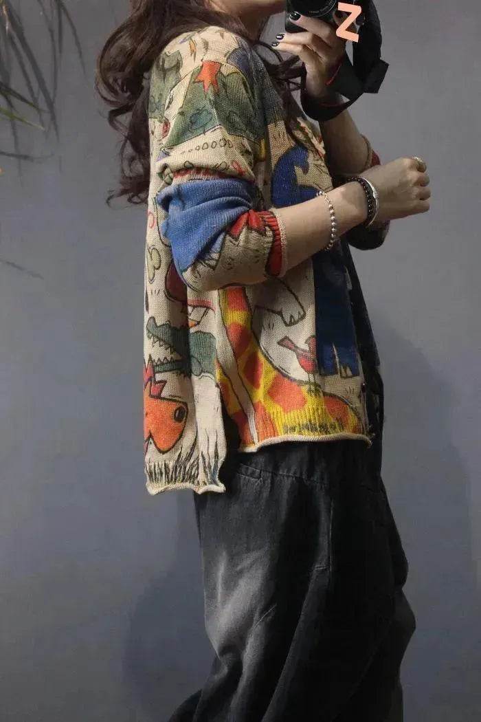 Spring Printed Knitted Cardigan Women Retro National Style Top - EX-STOCK Canada