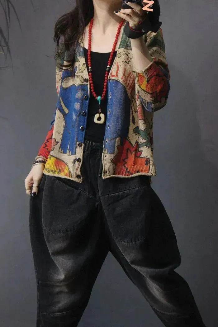 Spring Printed Knitted Cardigan Women Retro National Style Top - EX-STOCK Canada