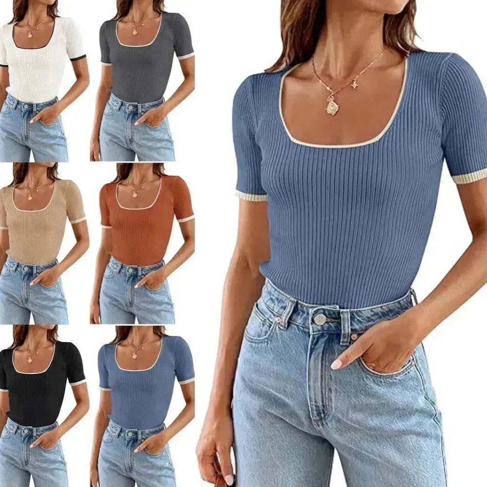 Square Collar Basic Short Sleeve Casual All-matching T-shirt Tops - EX-STOCK Canada