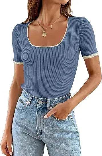 Square Collar Basic Short Sleeve Casual All-matching T-shirt Tops - EX-STOCK Canada