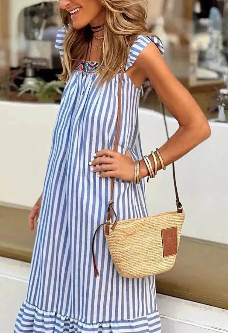 Square Collar Striped Lace-up Dress Mid-length Women - EX-STOCK Canada