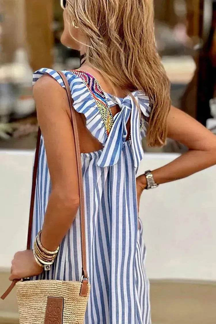 Square Collar Striped Lace-up Dress Mid-length Women - EX-STOCK Canada