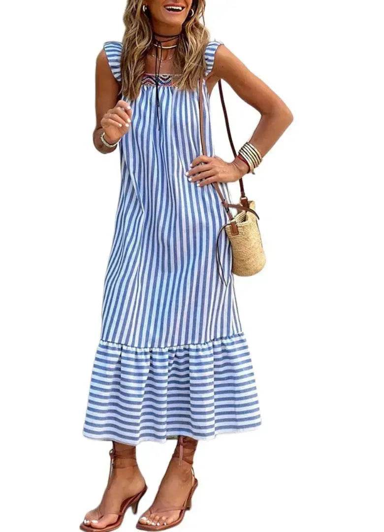 Square Collar Striped Lace-up Dress Mid-length Women - EX-STOCK Canada